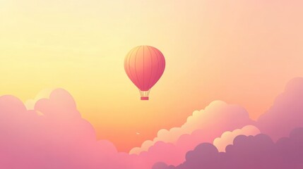 Obraz premium Minimalist hot air balloon floating in pastel gradient sky with dreamy pink clouds background with place for text