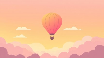 Minimalist hot air balloon floating in pastel gradient sky with dreamy pink clouds background with place for text