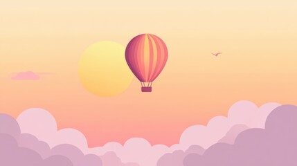 Obraz premium Minimalist hot air balloon floating in pastel gradient sky with dreamy pink clouds background with place for text