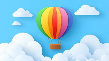 Obraz premium Vibrant rainbow colored hot air balloon floating in bright blue sky background with white clouds