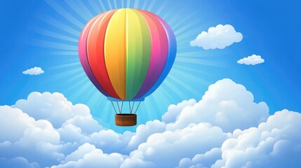 Naklejka premium Vibrant rainbow colored hot air balloon floating in bright blue sky background with white clouds