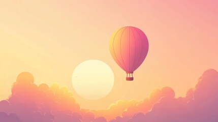 Fototapeta premium Minimalist hot air balloon floating in pastel gradient sky with dreamy pink clouds background with place for text