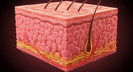 Detailed 3D Render of Human Skin Layers: Epidermis Dermis Subcutaneous Tissue Glowing Pink Brown