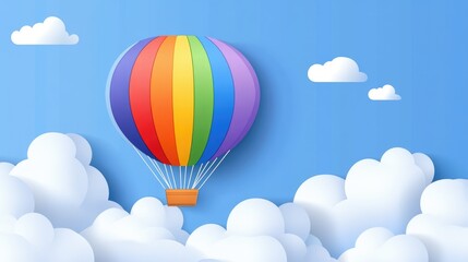 Fototapeta premium Vibrant rainbow colored hot air balloon floating in bright blue sky background with white clouds