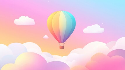 Fototapeta premium Dreamy pastel hot air balloon floating in magical cotton candy sky background with place for text