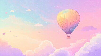 Fototapeta premium Dreamy pastel hot air balloon floating in magical cotton candy sky background with place for text