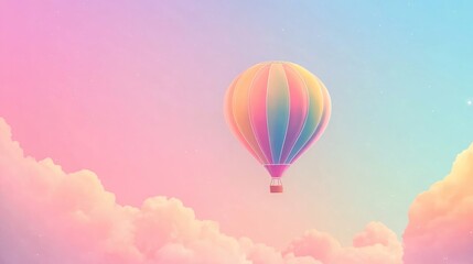 Fototapeta premium Dreamy pastel hot air balloon floating in magical cotton candy sky background with place for text