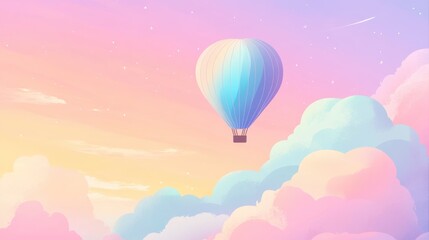 Naklejka premium Dreamy pastel hot air balloon floating in magical cotton candy sky background with place for text