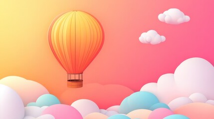 Fototapeta premium Dreamy pastel hot air balloon floating in magical cotton candy sky background with place for text