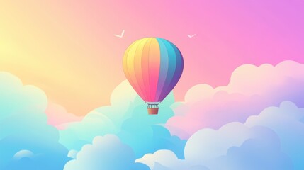 Fototapeta premium Dreamy pastel hot air balloon floating in magical cotton candy sky background with place for text