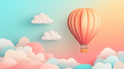 Fototapeta premium Dreamy pastel hot air balloon floating in magical cotton candy sky background with place for text