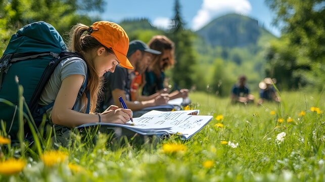 A group of students studies nature while sitting in a lush green field, diligently taking notes in their notebooks du a field trip.