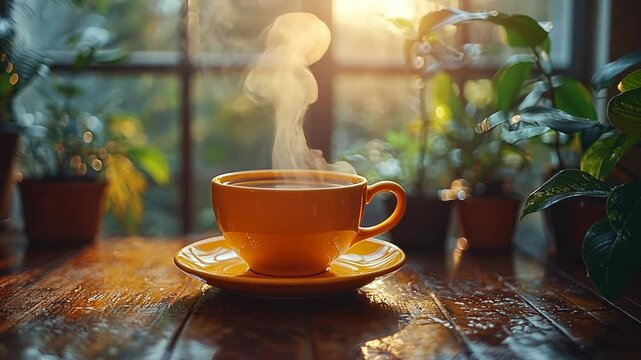Warm coffee cup steaming near window
