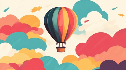 Vibrant hot air balloon floating above stylized colorful clouds background