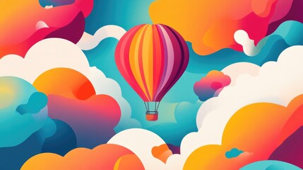 Vibrant hot air balloon floating above stylized colorful clouds background