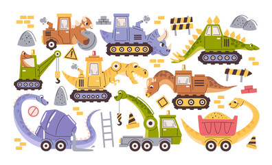 Dino construction heavy industrial machinery cute hand drawn doodle characters at work set