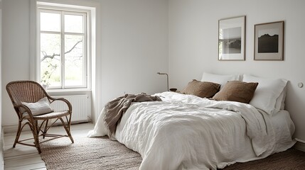 A tranquil bedroom interior with natural light and neutral tones.