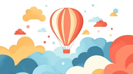 Vibrant hot air balloon floating above stylized colorful clouds background