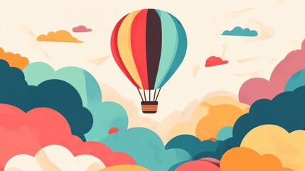 Vibrant hot air balloon floating above stylized colorful clouds background