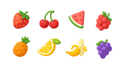 Colorful fruit icons set featuring strawberry, cherries, watermelon, and more