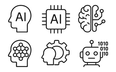 Artificial intelligence symbols: ai heads, chip, brain network, and robot icons