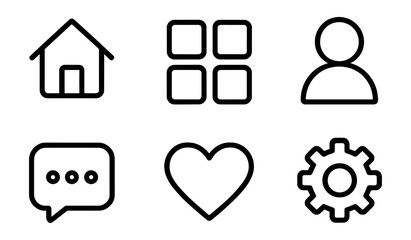 Minimalist black icons of home, grid, user, chat, heart, and gear