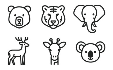 Obraz premium Animal icons: bear, tiger, elephant, deer, giraffe, koala in simple line art style