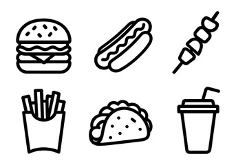 Outlined icons of fast food items: burger, hot dog, kebab, fries, taco, soda cup