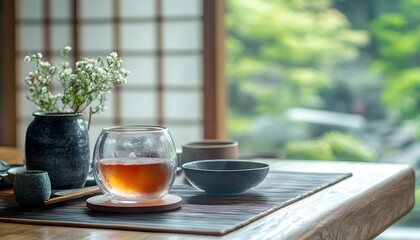 Serene Tea Experience with Glass Teapot and Natural Backdrop