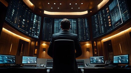 A businessman sits before a massive curved screen displaying complex data streams in a high tech control room.