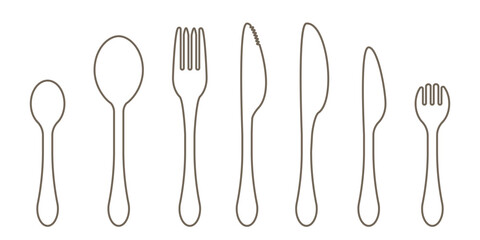 Cutlery linear icon set isolated on transparent background.  Spoons, knives and forks linear icons. Kitchenware and tableware line icons. Editable stroke.