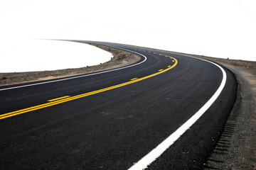 Naklejka premium A curved road with yellow and white markings bordered by reflective barriers, offering a sense of direction and perspective. Isolated on a transparent background