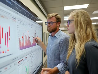 Two young business professionals collaborate analyzing data charts on a large interactive touchscreen display in a modern office.
