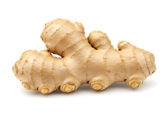 A close up shot of a ginger root isolated on a white background showing its textured surface detail