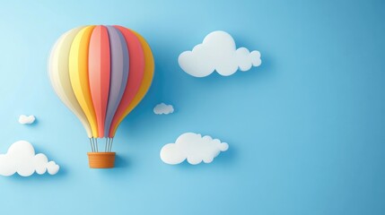  Colorful minimalistic hot air balloon art drawing in bright blue sky with fluffy white clouds background