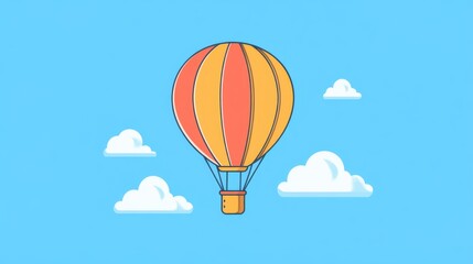 Fototapeta premium Colorful minimalistic hot air balloon art drawing in bright blue sky with fluffy white clouds background