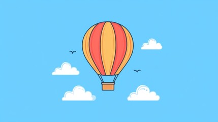 Fototapeta premium Colorful minimalistic hot air balloon art drawing in bright blue sky with fluffy white clouds background