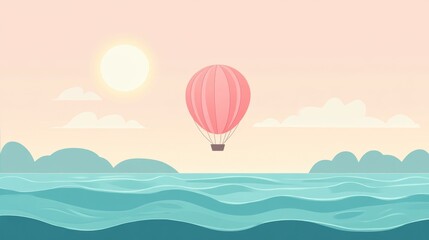 Obraz premium Peaceful coral hot air balloon floating over blue ocean waves with sunny sky view background