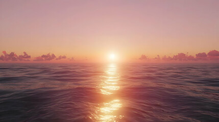 Naklejka premium Sunset over calm ocean. Soft, pink-orange hues paint sky and water. Gentle waves reflect light