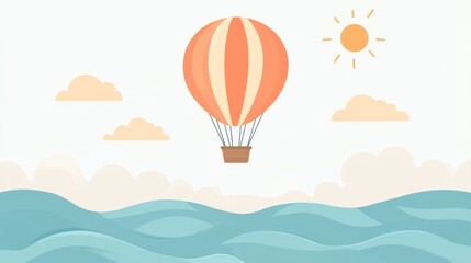 Peaceful coral hot air balloon floating over blue ocean waves with sunny sky view background