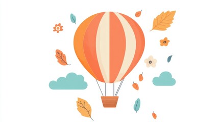 Whimsical hot air balloon in orange tones surrounded by leaves and flowers on pastel background