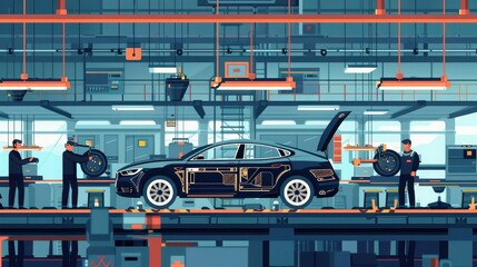Fototapeta premium An assembly line of workers assembling parts of a car in a modern manufacturing plant.