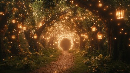 Fototapeta premium Magical forest path illuminated by glowing lanterns and string lights. Trees form a tunnel of light, creating a warm and inviting atmosphere in the dark forest.