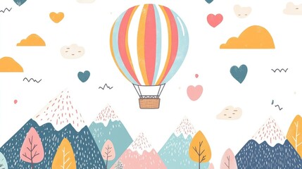 Vintage style hot air balloon flying over mountains against minimalistic background