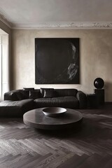 Dark Interior Design of Living Room with Abstract Art and Round Coffee Table in Minimalist Style Home Decor