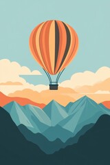 Fototapeta premium Vintage style hot air balloon flying over mountains against minimalistic background