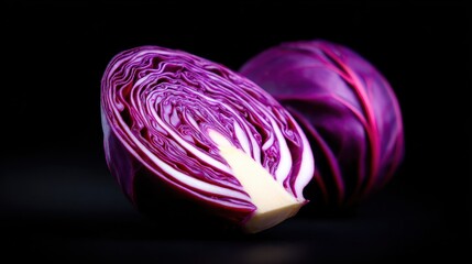 Fototapeta premium Freshly cut purple cabbage showcasing intricate layers against a dark background