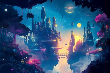 Obraz premium Fantasy cityscape with futuristic architecture, glowing lights, and floating structures against a starry sky with moons, evoking a sense of wonder and technological advancement.