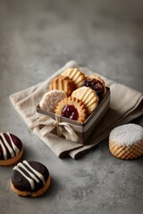 Fototapeta premium Assorted gourmet cookies in gift box tied with twine on rustic background, variety of flavors and textures