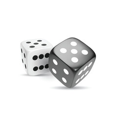 White and black photorealistic 3d cube for games. Dice icon in flight closeup isolated on white background. Vector illustration.